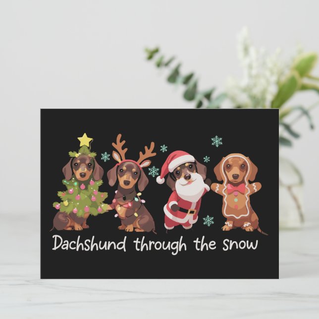 Tarjeta Festiva Dachshund a través de la nieve perros divertidos d (Anverso de pie)
