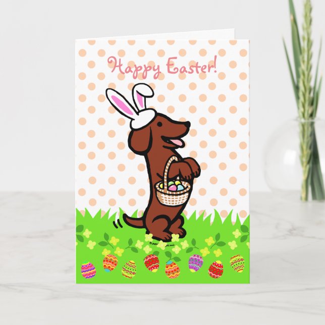 Tarjeta Festiva Dachshund cabelludo liso rojo del huevo de Pascua (Anverso)