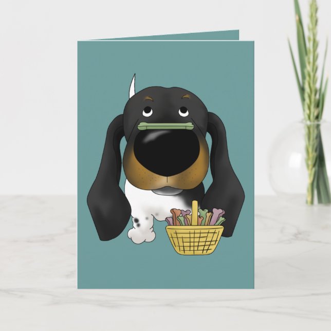 Tarjeta Festiva Dachshund - ¿Caza de huesos de Pascua, alguien? (Anverso)