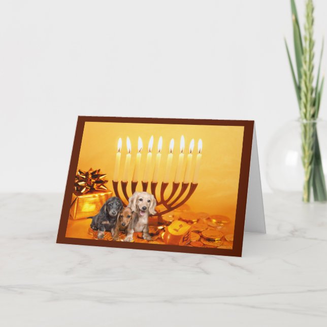 Tarjeta Festiva Dachshund Chanukah Card Menorah2 (Anverso)