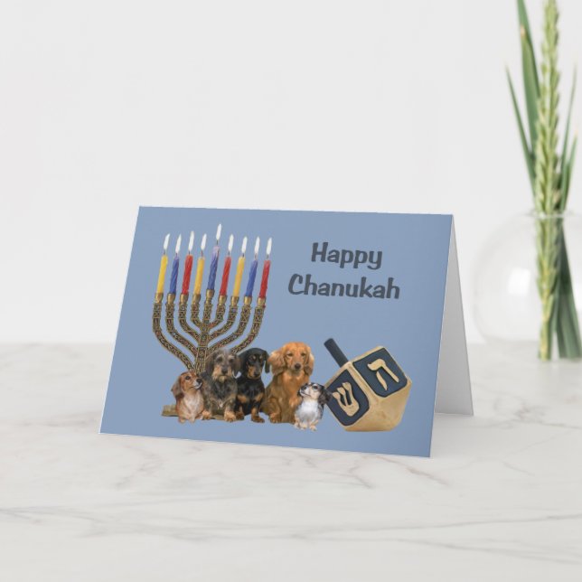 Tarjeta Festiva Dachshund Chanukah Card Menorah Dreidel4 (Anverso)