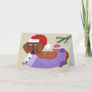 Tarjeta Festiva Dachshund Con Navidades Alzando