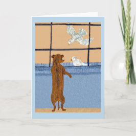 Tarjeta Festiva Dachshund en la ventana mirando palomas blancas