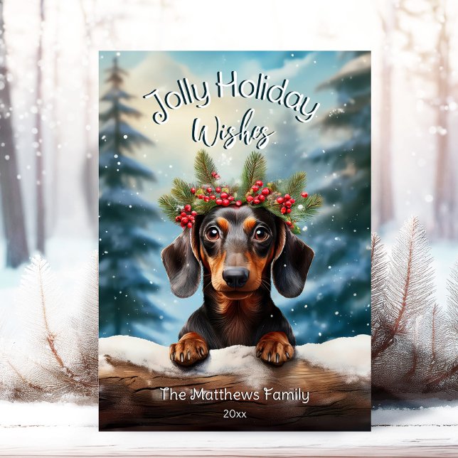 Tarjeta Festiva Dachshund en un retrato de Mascota forestal encant (Adorable Winter Snowy Scene With Peeking Dogs or Farm/Woodland Animals - Over 50 to Choose From!)