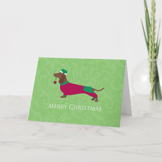 Tarjeta Festiva Dachshund - Feliz diseño navideño (Anverso)
