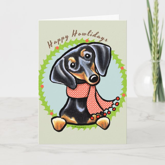 Tarjeta Festiva Dachshund negro liso feliz Howlidays (Anverso)
