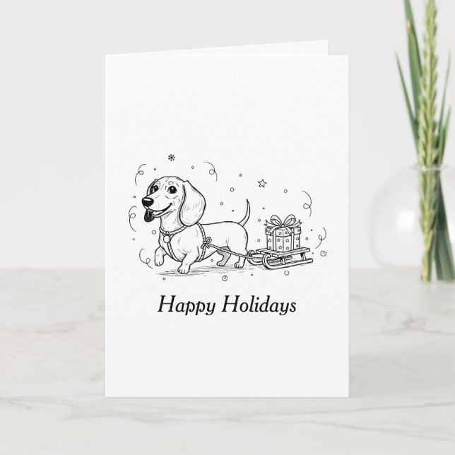 Tarjeta Festiva Dachshund pulling sleigh with a Christmas presents (Anverso)