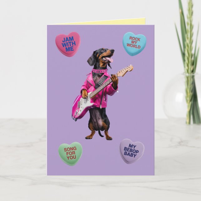 Tarjeta Festiva Dachshund Rocker Valentine Card (Anverso)