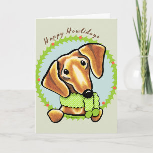 Tarjeta Festiva Dachshund Rojo Liso Feliz Navidog