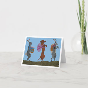 Tarjeta Festiva Dachshund y conejos de Pascua marchando