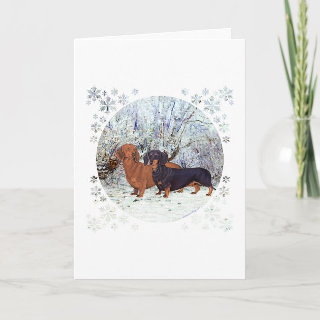 Tarjeta Festiva Dachshunds en la nieve (Anverso)