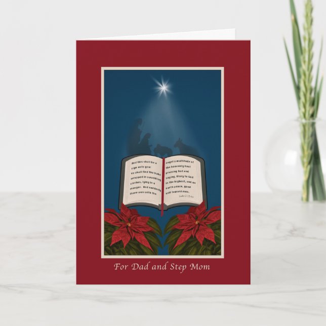 Tarjeta Festiva Dad and Step Mom, Open Bible Christmas Message (Anverso)
