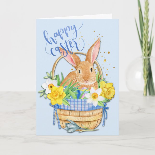 Tarjeta Festiva Daffodil y Blue Gingham Easter Bunny Basket (Anverso)
