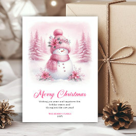 Tarjeta Festiva Dainty pink snowman kids greeting card editable