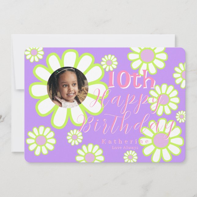 Tarjeta Festiva Daisy Simple Photo Purple Birthday (Anverso)