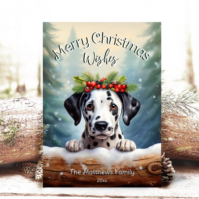 Tarjeta Festiva Dalmatian de Pekín en retrato de Mascota forestal  (Adorable Winter Snowy Scene With Peeking Dogs or Farm/Woodland Animals - Over 50 to Choose From!)