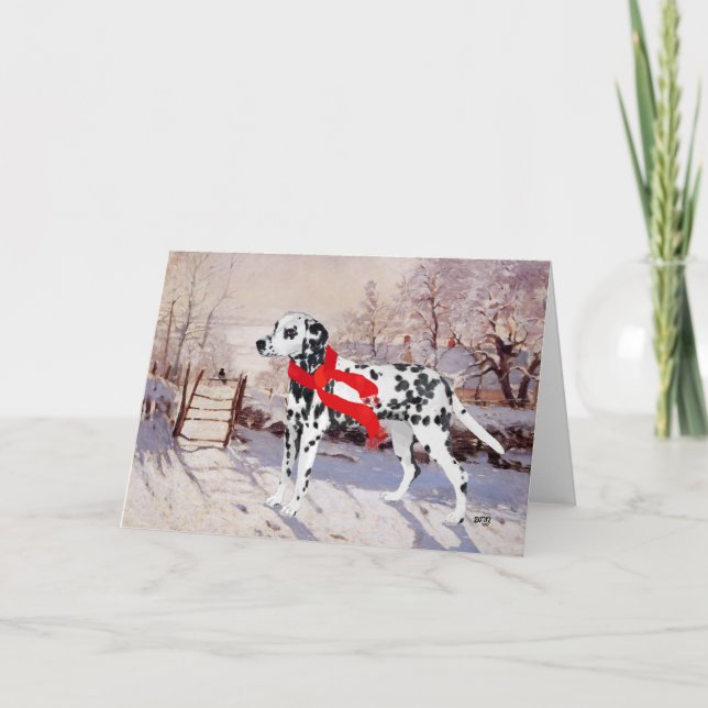 Tarjeta Festiva Dalmatian en la escena invernal (Anverso)