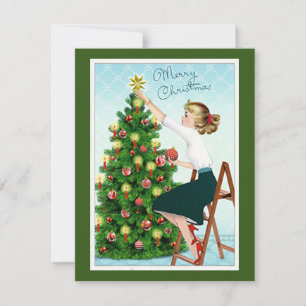 Tarjeta Festiva Dama antigua de los años 20 decorando el árbol de