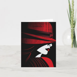 Tarjeta Festiva Dama Art Déco Roja y Negra con Sombrero