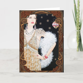 Tarjeta Festiva Dama Art Déco Vintage en Ventana