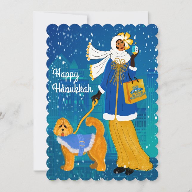 Tarjeta Festiva Dama Art Nouveau con perro Doodle (Anverso)