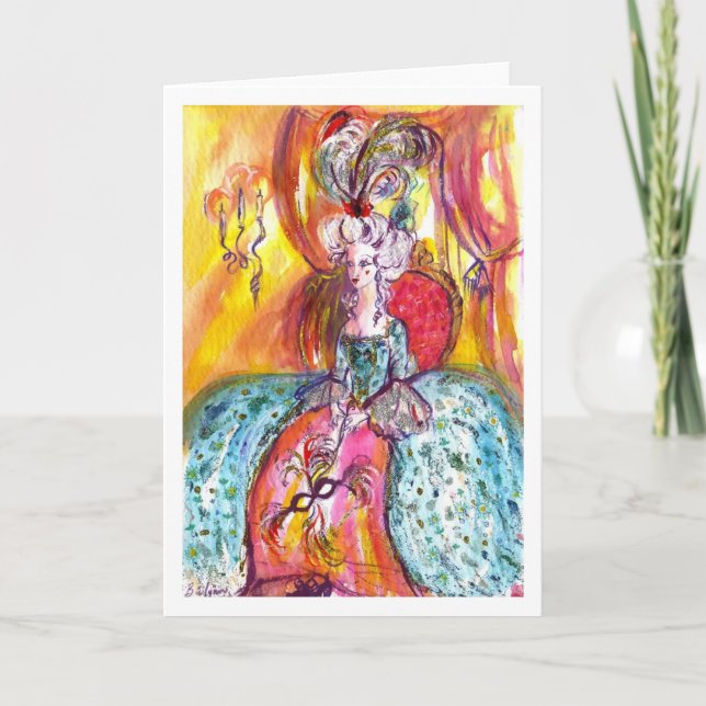 TARJETA FESTIVA DAMA COLOMBINA CON MASQUERADA VENECIANA (Anverso)