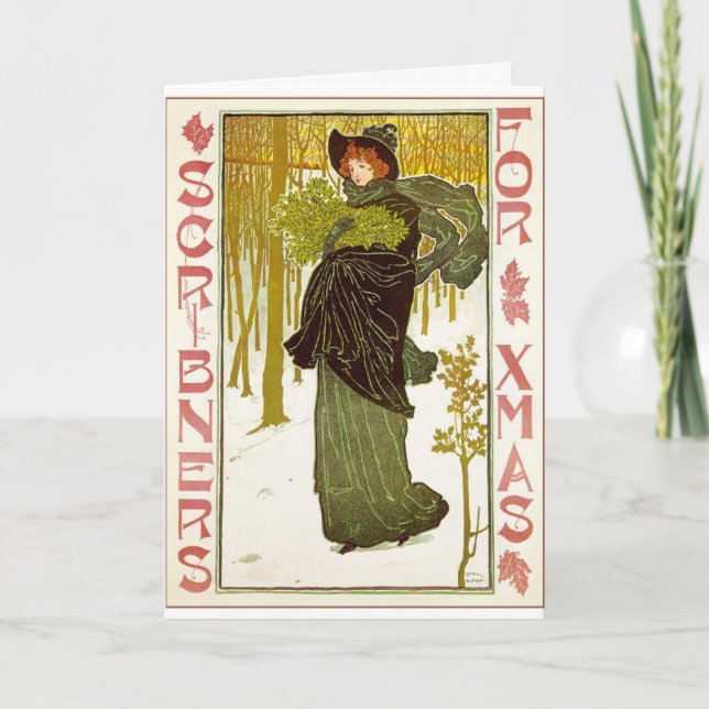 Tarjeta Festiva Dama de Art Nouveau con Mistletoe (Anverso)