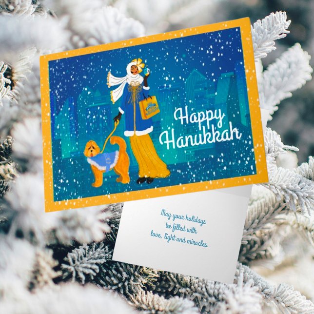 Tarjeta Festiva Dama de Art Nouveau personalizada con perro doodle (A beautiful snowy night for Hanukkah shopping. I think her Doodle Dog approves!)