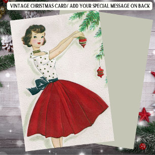 Tarjeta Festiva Dama de Navidades retro en rojo