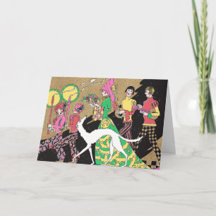 Tarjeta Festiva Dama medieval deco con retenes y borzoi