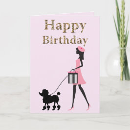 Tarjeta Festiva Dama paseando caniche negro Feliz cumpleaños