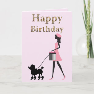 Tarjeta Festiva Dama paseando caniche negro Feliz cumpleaños