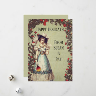 Tarjeta Festiva Dama victoriana en el jardín de la rosa roja con v