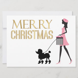 Tarjeta Festiva Dama vintage en rosa perro poodle negro Feliz Navi