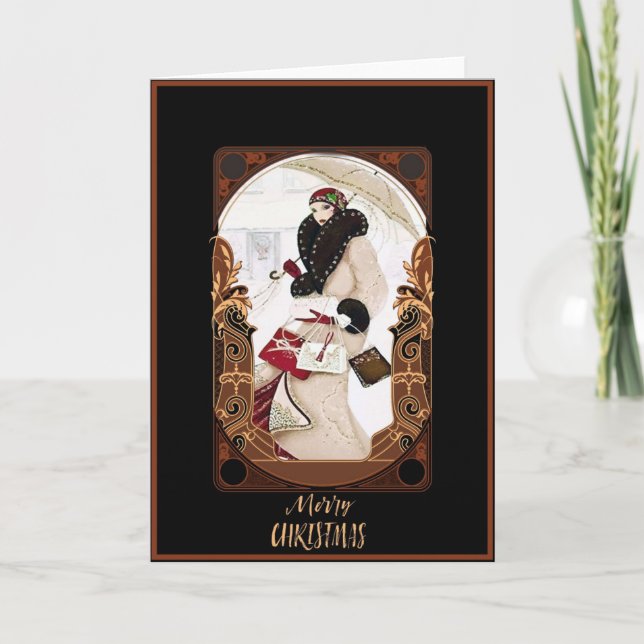 Tarjeta Festiva Damas y regalos de Navidades de estilo Art Deco de (Anverso)
