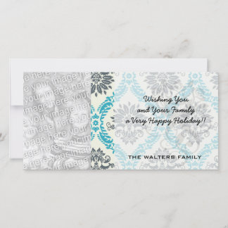 Tarjeta Festiva damasco azul gris y crema elegante