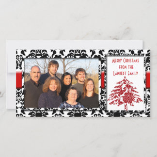 Tarjeta Festiva Damasco blanco y negro con un árbol rojo Feliz Nav
