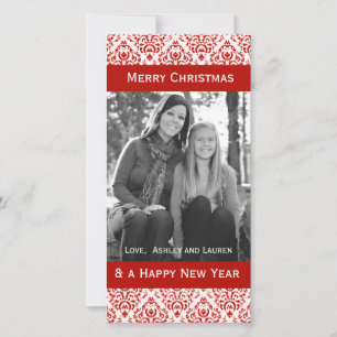 Tarjeta Festiva Damasco de Navidades blancos y rojos vintage