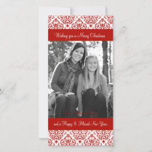 Tarjeta Festiva Damasco de Navidades blancos y rojos vintage