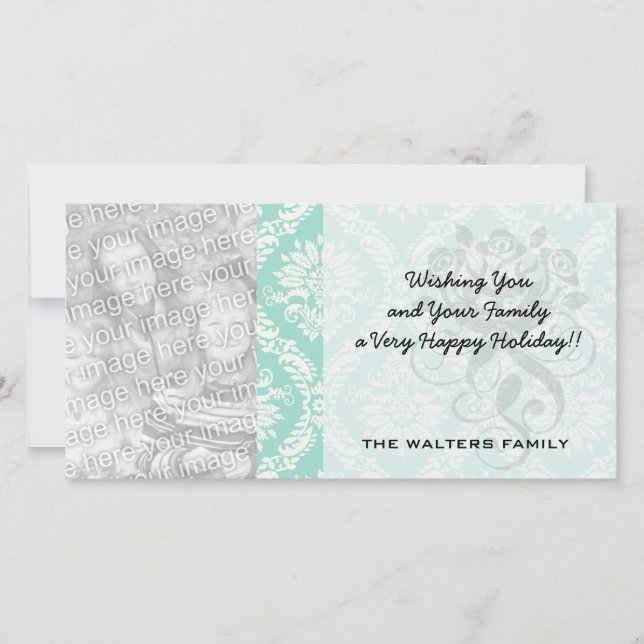 Tarjeta Festiva damasco elegante de aqua y crema fleur (Anverso)