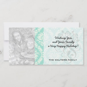 Tarjeta Festiva damasco elegante de aqua y crema fleur