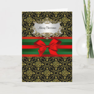 Tarjeta Festiva Damasco negro de oro vintage 2 cinta verde roja