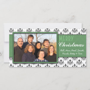 Tarjeta Festiva Damasco negro y blanco con borde verde Feliz Navid