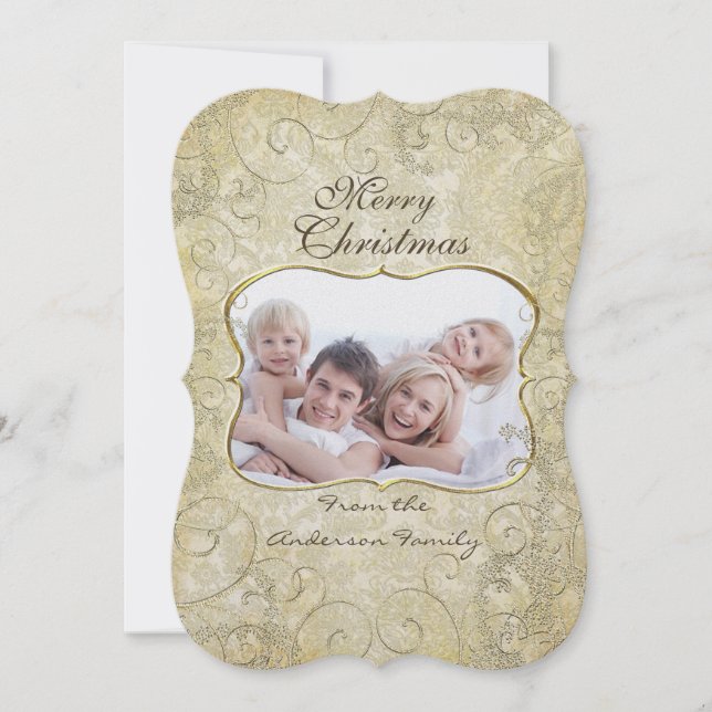 Tarjeta Festiva Damask Merry Christmas Gold Frame Your Photo  (Anverso)