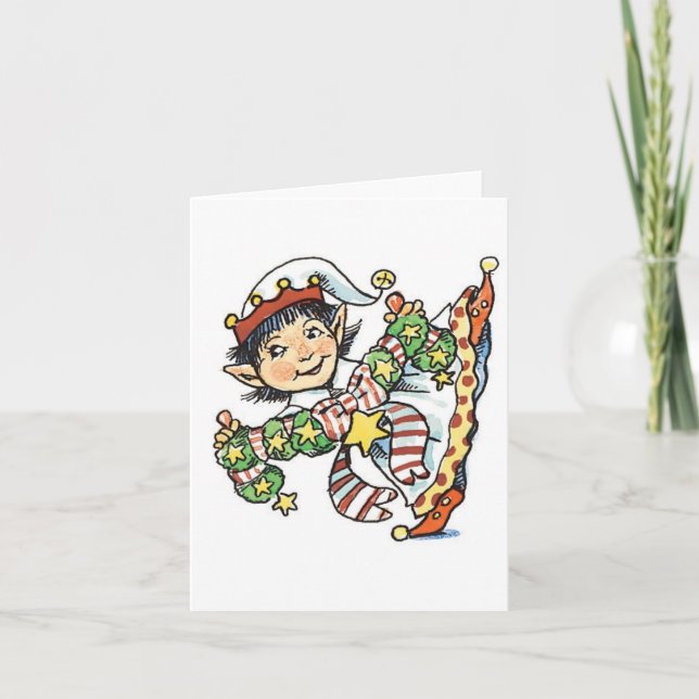 Tarjeta Festiva Danza de elfo feliz, Personalizado de Navidades re (Anverso)