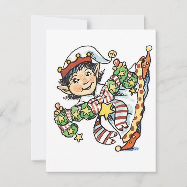 Tarjeta Festiva Danza de elfo feliz, Personalizado de Navidades re (Anverso)