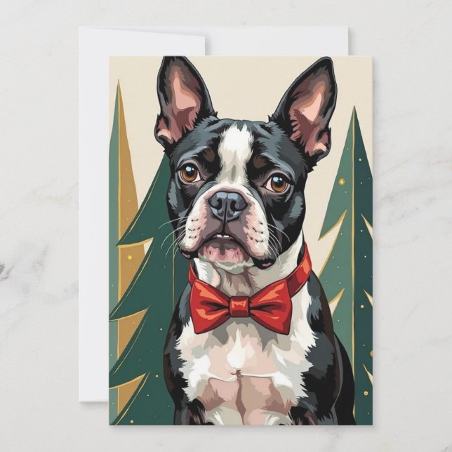 Tarjeta Festiva Dapper Boston Terrier Tuxedo Modern Christmas Art (Anverso)