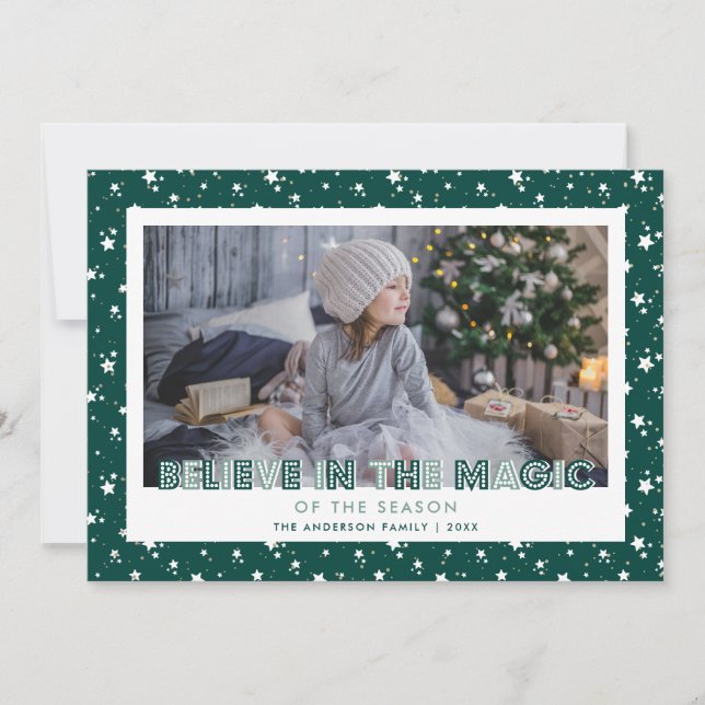 Tarjeta Festiva Dark Green Believe in the Magic Stars (Anverso)