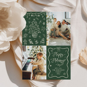 Tarjeta Festiva Dark Green Hand Drawn Chalk Happy Holidays 2 Photo