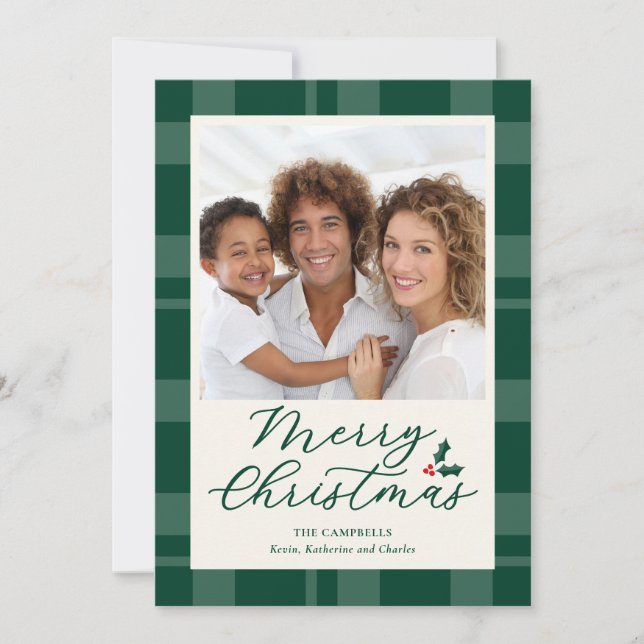 Tarjeta Festiva Dark Green Plaid Merry Christmas Photo (Anverso)